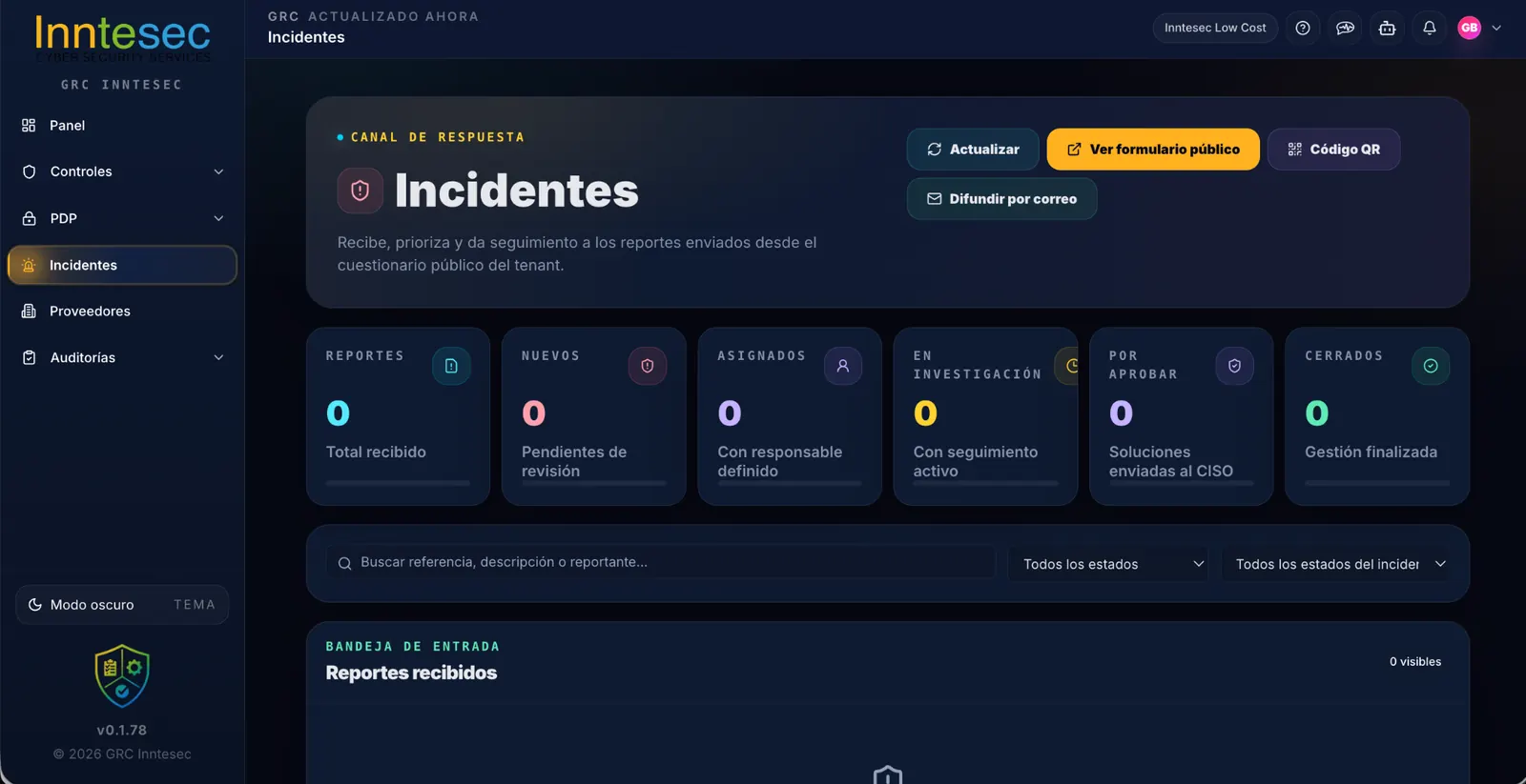 Módulo de gestión de incidentes de Inntesec Low Cost Ley 21.719