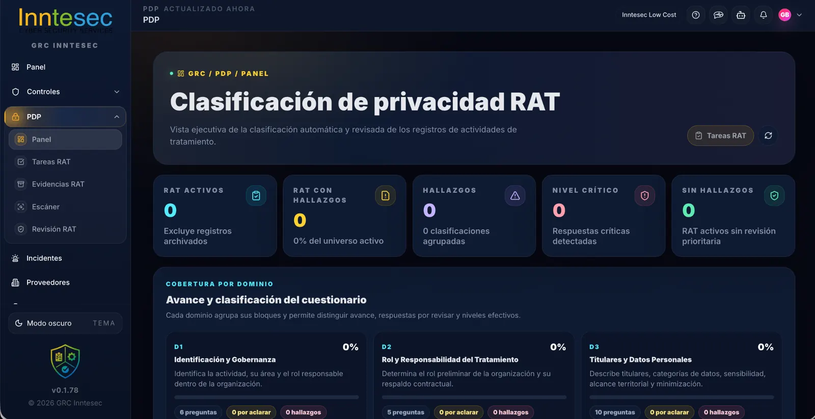 Panel de privacidad y Registro de Actividades de Tratamiento de Inntesec Low Cost Ley 21.719